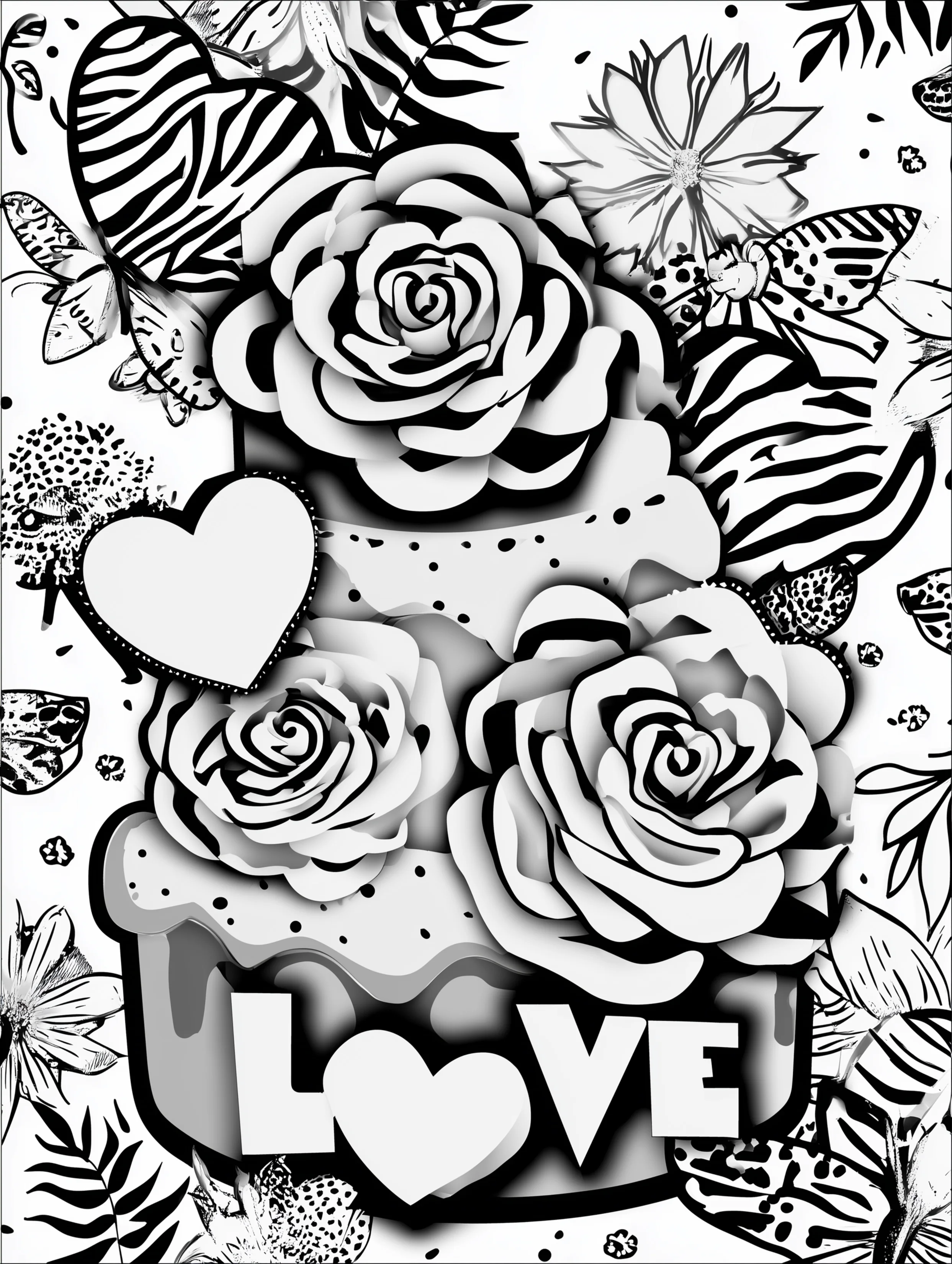 Free printable valentines coloring pages for adults featuring a cake with love and flowers